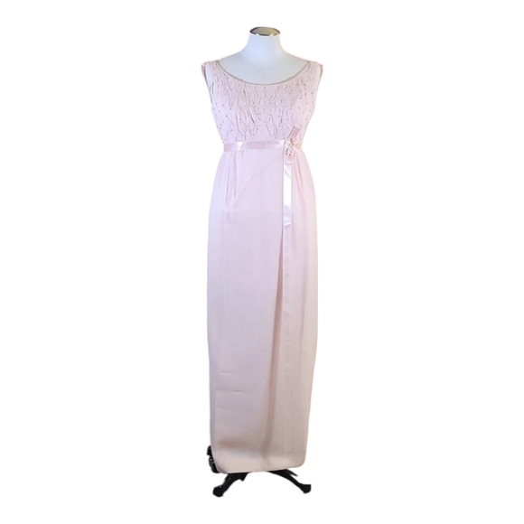 Vintage Pale Pink Blush Beaded Scoop Neck Empire Waist Dress - Picture 1 of 11